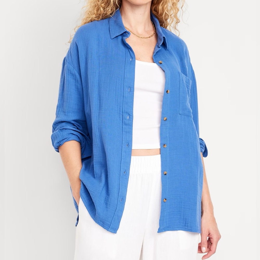NWT Long Sleeve Crinkle Button-Down Blouse - Bright Blue